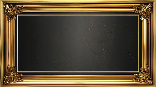 Ornate gold frame, empty black marble plaque, decorative border, luxury picture frame