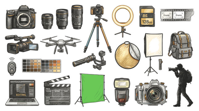 Photography and video production equipment set with camera, lenses, drone, tripod, lights and backpack in detailed hand drawn style isolated on white background