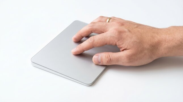 Hand touching silver trackpad on white desk