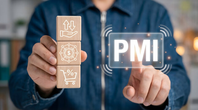 Person analyzing business concepts with wooden blocks and pointing to a digital PMI screen