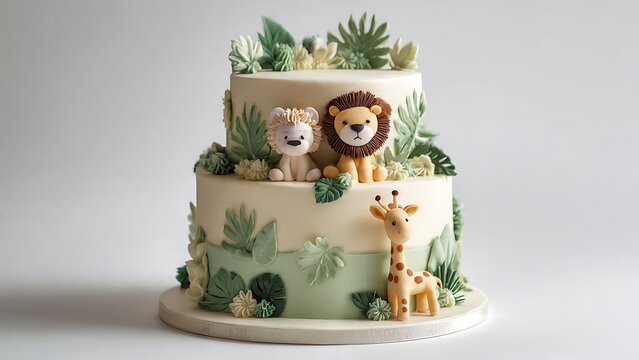 luxury safari themed two tier cake with animal toppers