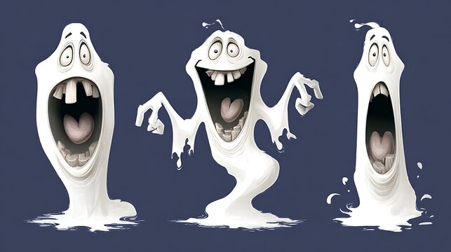 Cartoon ghost characters, white spooky ghosts, screaming faces, Halloween illustrations, funny monsters