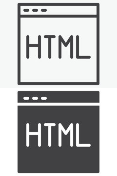Webpage HTML code icon set with browser and markup text. Line, outline and solid icon styles. Editable stroke vector sign, symbol. HTML code icon for web twice.