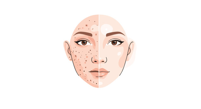 A striking vertical split-screen illustration of a female face highlights the contrast between inflamed red acne and luminous glowing skin on a white background.