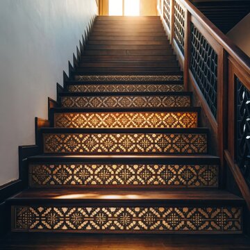 Wooden staircase with ornate patterned risers illuminated by sunlight