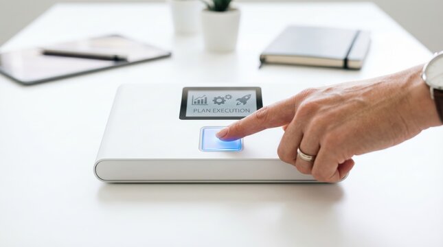 Finger pressing illuminated button on device with plan execution screen