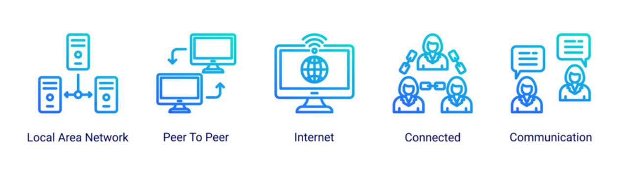 Network flow icon set featuring connection,internet,and communication systems.Suitable for networking and digital communication visuals.