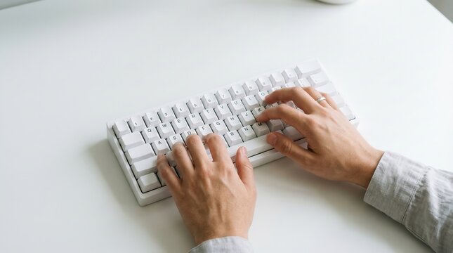 Hands typing on white computer keyboard on white desk