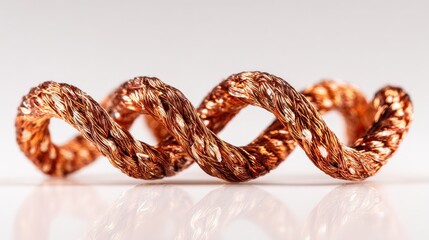 Naklejka premium Copper coil detail: An up-close shot showcases the intricate spiral of a copper coil, highlighting its metallic texture and coiled form against the backdrop.