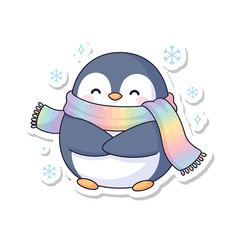 Obraz premium A cute cartoon penguin wearing a colorful scarf stands in winter surrounded by snowflakes