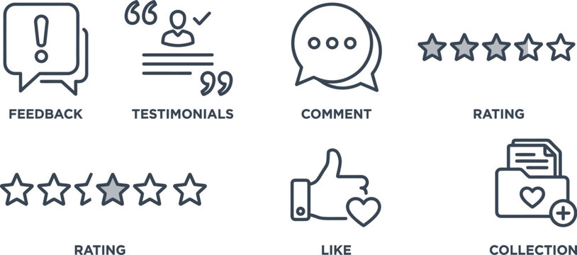 A set of icons representing customer feedback and rating symbols on a white background