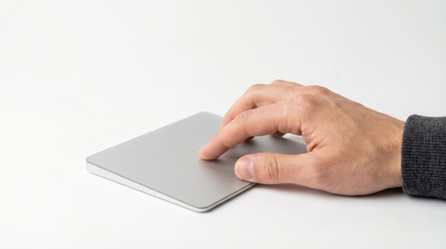 Hand touching silver trackpad on white desk