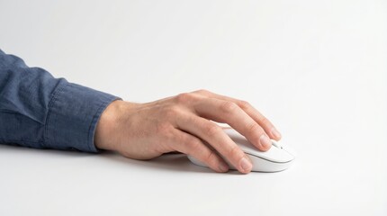 Fototapeta premium Hand using white computer mouse on white desk