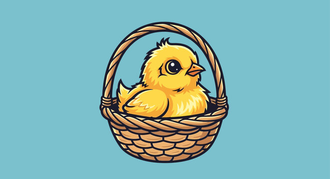 Cute Yellow Chick in Basket.