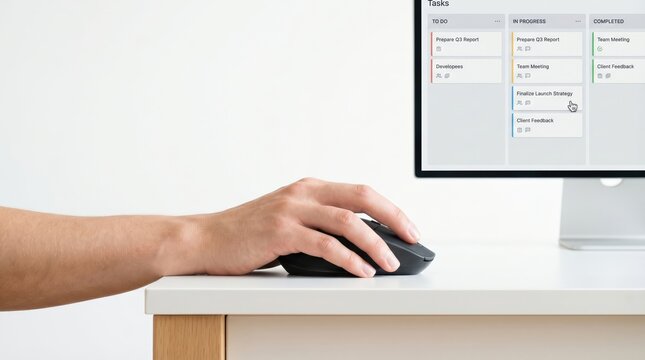 Hand using black mouse beside monitor showing task board