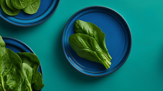 Top down spinach on blue ceramic plates over teal background.