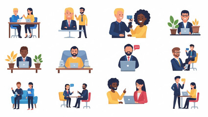 Fototapeta premium People working together in office settings with laptops and conversations