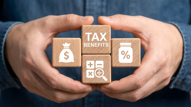 Hands display wooden blocks spelling out tax benefits and related financial symbols