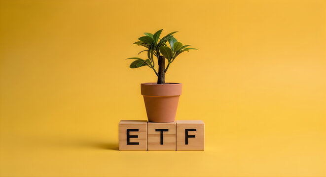 Potted green plant sits atop three wooden blocks displaying the letters "e", "t", and "f" on a yellow background