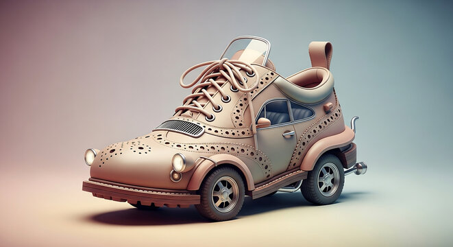 Whimsical brown leather brogue shoe transformed into a small car with wheels, headlights, and doors, against a gradient background.