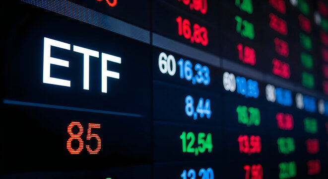 Close-up of a digital stock market ticker displaying etf prices and financial data on a dark screen with glowing red and green numbers
