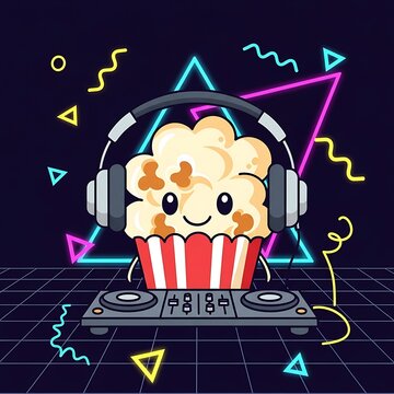 A smiling, anthropomorphic popcorn kernel with headphones, standing behind a DJ deck, set against a neon-geometric background