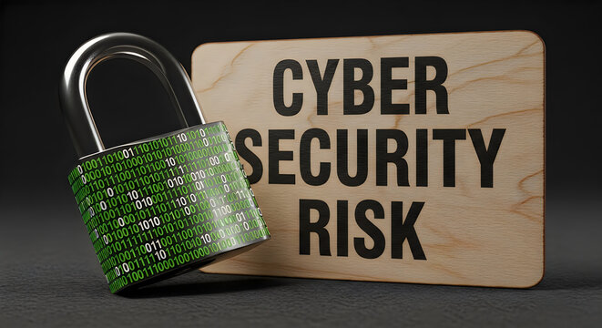 A green padlock with binary code pattern and a wooden sign stating "cyber security risk."