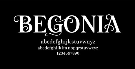 A beautiful white typography design on a black background showcasing the Begonia font style with alphabet and numbers © Abrar Hussain