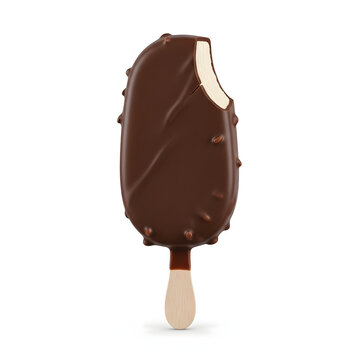 Chocolate covered ice cream bar with bite mark on white background
