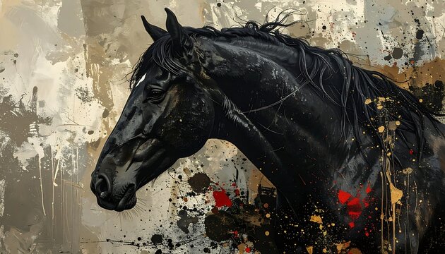 Dramatic artwork of a black horse, with textured splashes of brown, red, gold, and gray surrounding its head