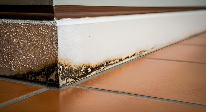 Close-up of severe mold and water damage on a white baseboard and textured wall above a tiled floor