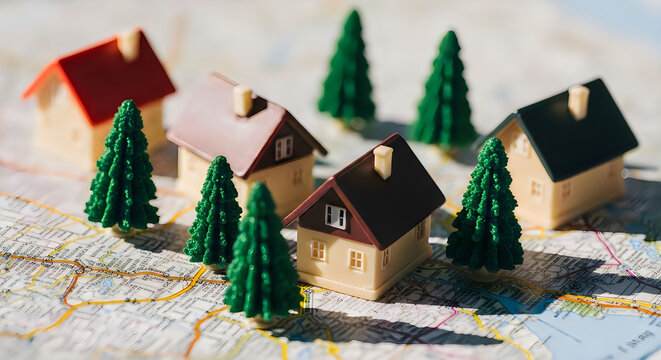 Miniature houses and evergreen trees clustered on a map, illustrating a charming village or suburban neighborhood setting