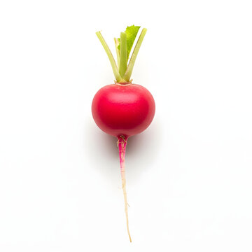 Single red radish with green leaves and taproot isolated on white