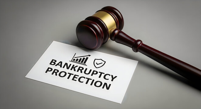 Gavel and paper with "bankruptcy protection" text and financial graph symbolizing legal and financial hardship