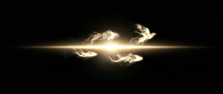 Golden particle silhouettes of fish and bird flying through light. Concept of Genesis day 5 where God created aquatic animals and birds. Religious spiritual creation. Banner with copy space
