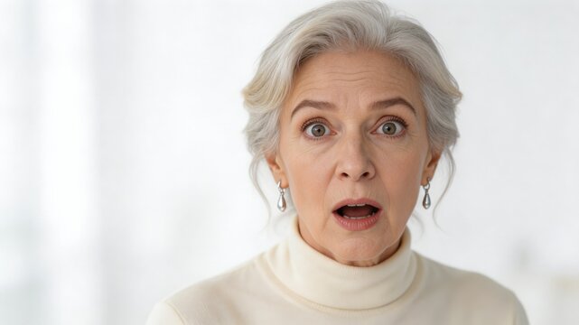 A senior woman with a surprised and shocked expression on her face, looking astonished and amazed with her mouth open and eyes wide with fear and concern.