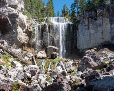 Paulina Falls in Newberry National Volcanic Monument Oregon. Beautiful cascading waterfall at Paulina Falls in Central Oregon, flowing over volcanic rock cliffs within the Newberry volcanic landscape.