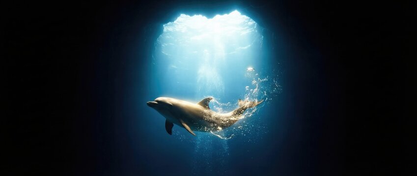 Dolphin swimming in deep blue ocean water under bright light. Biblical creation concept illustrating Genesis day 5 when God created sea creatures. Marine life. Banner with copy space