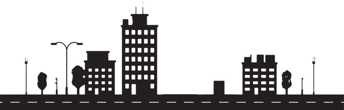 Black silhouette of a minimalist urban city street with buildings trees and street lamps.
