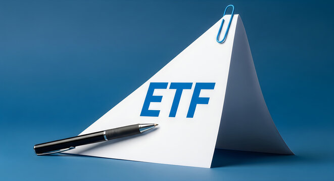 Financial concept: etf acronym displayed on a folded paper with a pen and paperclip against a blue background