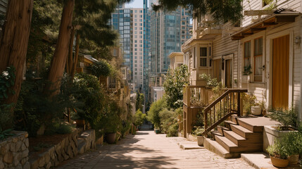 Fototapeta premium Narrow alley between luxury glass condo tower and weathered three-story public housing block, pedestrian walking between them, harsh midday contrast shadow, gentrification disparity, urban housing g