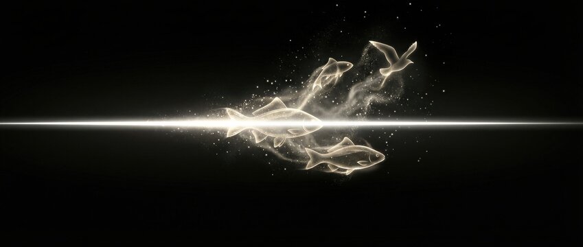 Fish and bird silhouette glowing with stardust emerging from line of light. Biblical creation concept of day five. Christian religion, origin of aquatic and flying animal. Banner with copy space