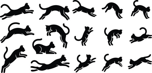 Obraz premium Collection of 19 black cat silhouette illustrations showing various actions
