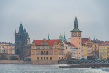 Obraz premium Smetana Museum and Old Town Bridge Tower in Prague with copy space