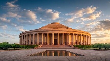 Fototapeta premium Circular building with rows of columns and reflecting pool at sunset building architecture circular exterior historical