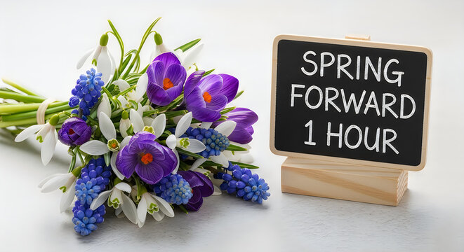 Spring forward daylight saving time reminder with a vibrant bouquet of spring flowers and a small blackboard