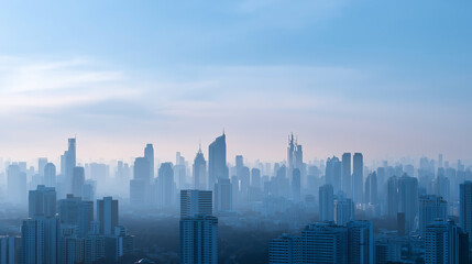 Fototapeta premium Modern city skyline with skyscrapers covered in smog representing urban pollution