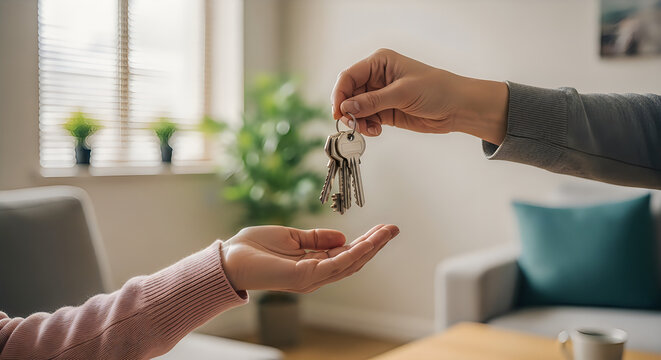 Close-up of hands exchanging a set of keys, symbolizing a real estate transaction, home ownership, or the start of a new chapter