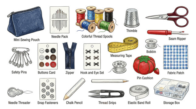 Sewing notions and tailoring tools set in flat style including threads, needles, scissors, tomato pincushion, thimble and zipper isolated on white background