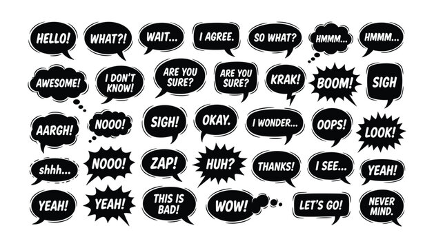 Vector speech bubbles and comic sound effects on transparent background.
